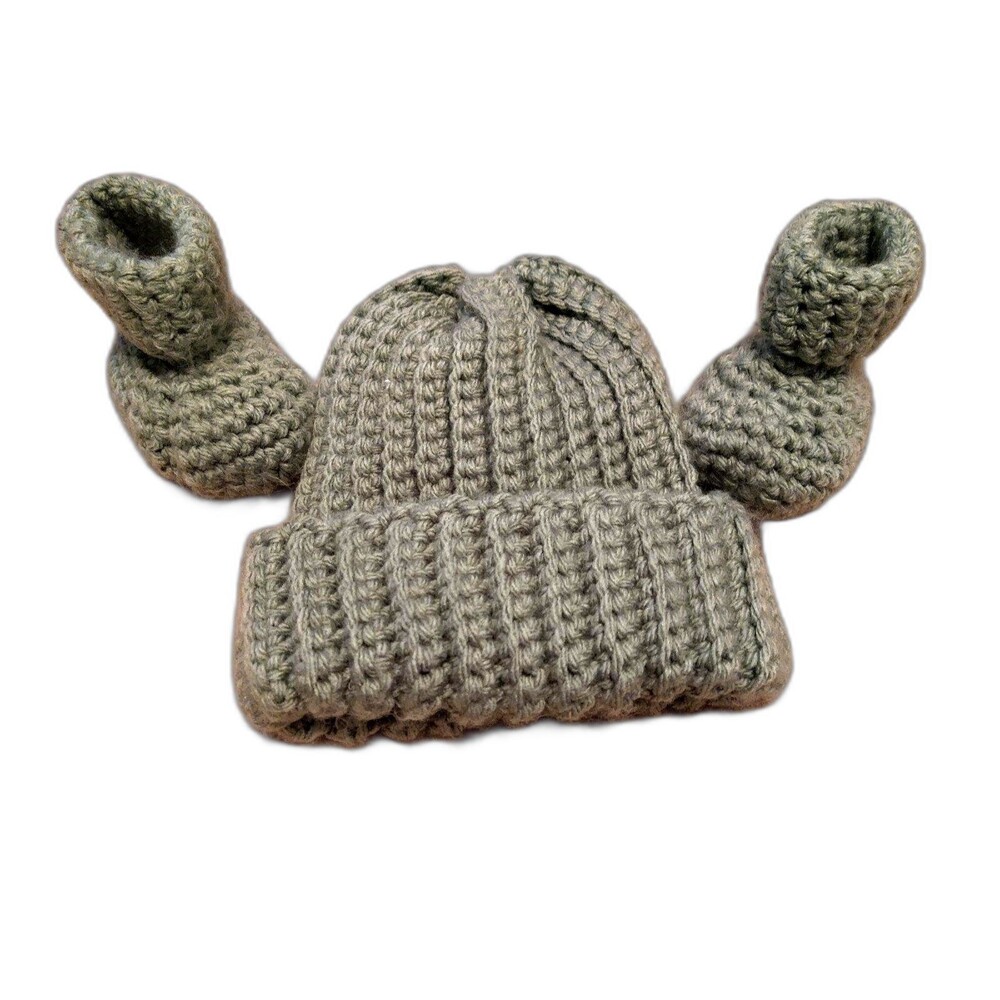 Green Crocheted Baby Booties 4" Sole With Fold Over Cuff and winter hat